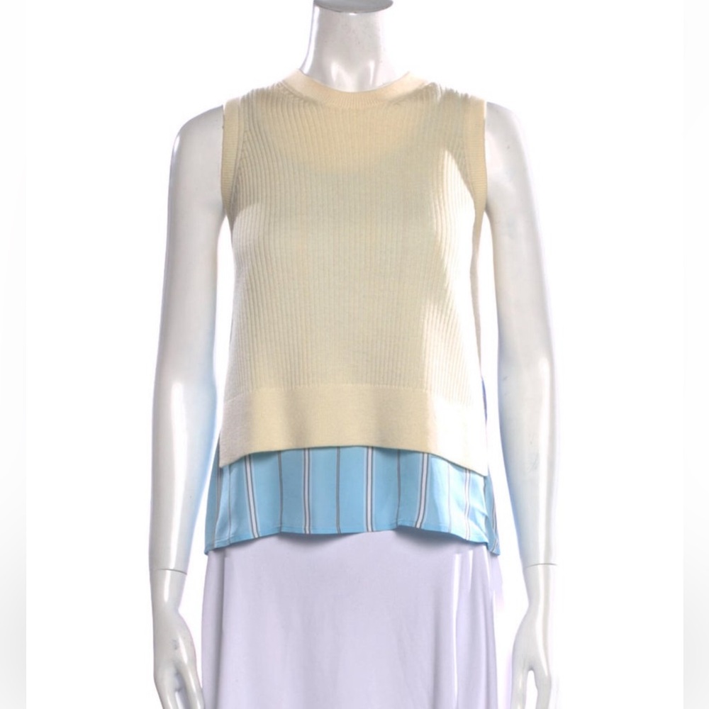 3.1 Phillip Lim Sleeveless Ivory Rib Knit Layered Top with Blue Striped Hem